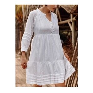 J Jill White boho smocked peasant Dress V Neck Button  3/4 Sleeve Medium